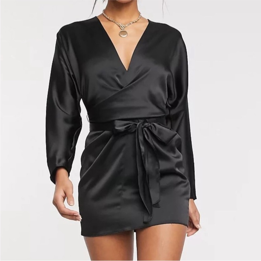 NEW ASOS batwing belted dress in black satin